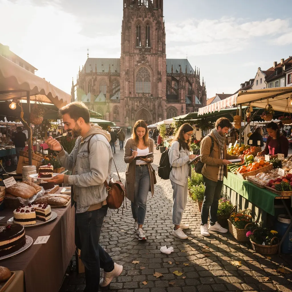Eine Gruppe von Touristen, die eine geführte Stadtbesichtigung in Dresden genießen und historische Informationen erhalten.